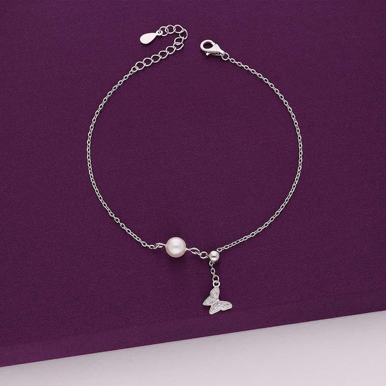 Sterling Silver Bejewelled Butterfly Pearl Charm Bracelet