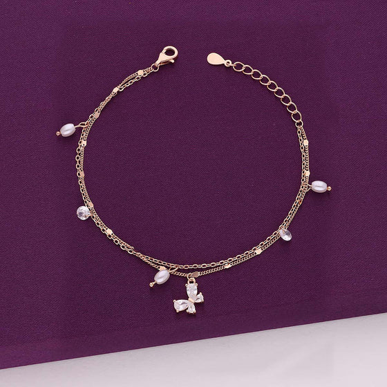 Sterling Silver Layered Butterfly Pearl Charm Bracelet