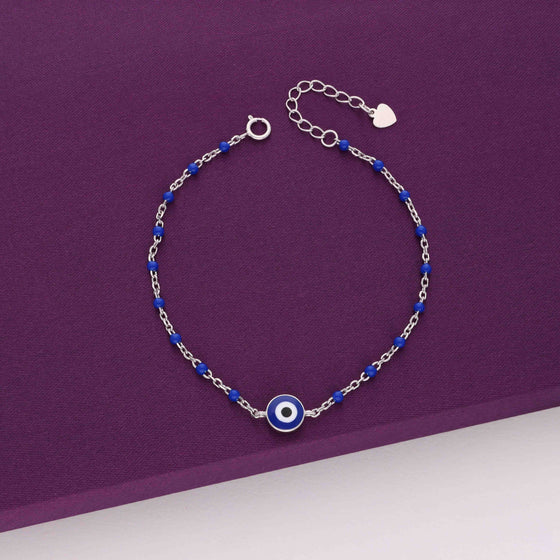 Stylish Single Evil Eye Blue Beads Silver Bracelet