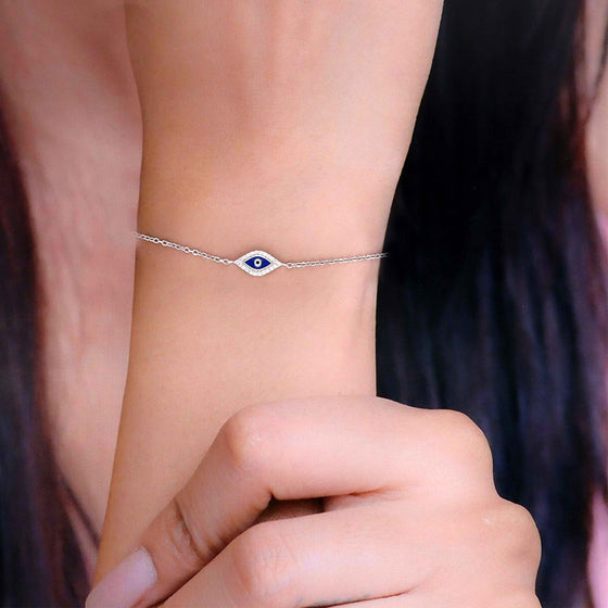 SINGLE EVIL EYE ZIRCON STUDDED SILVER BRACELET