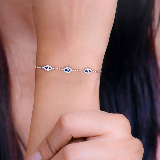 STYLISH TRIPLE EVIL EYE SILVER BRACELET