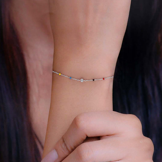 TRENDY MULTI COLOUR BEADS SILVER CHAIN BRACELET