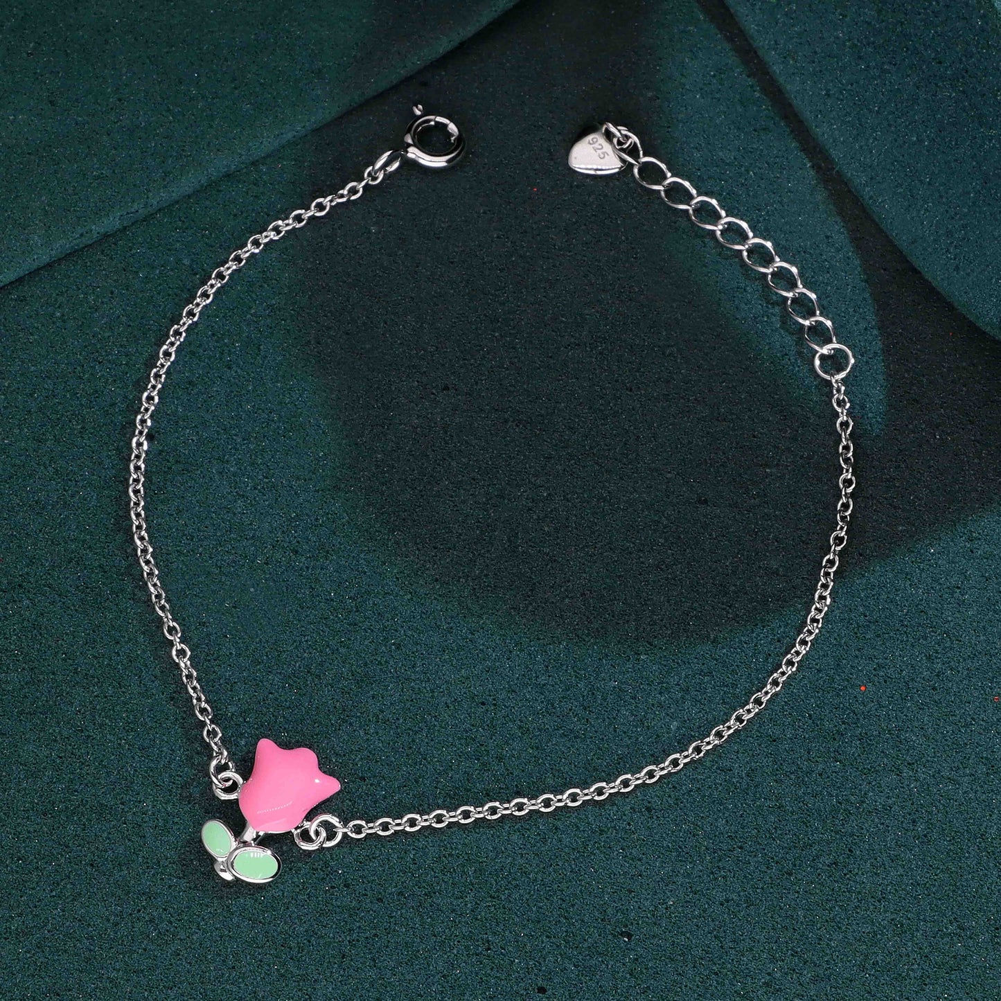 Sterling silver bracelet with pink flower and green leaf enamel