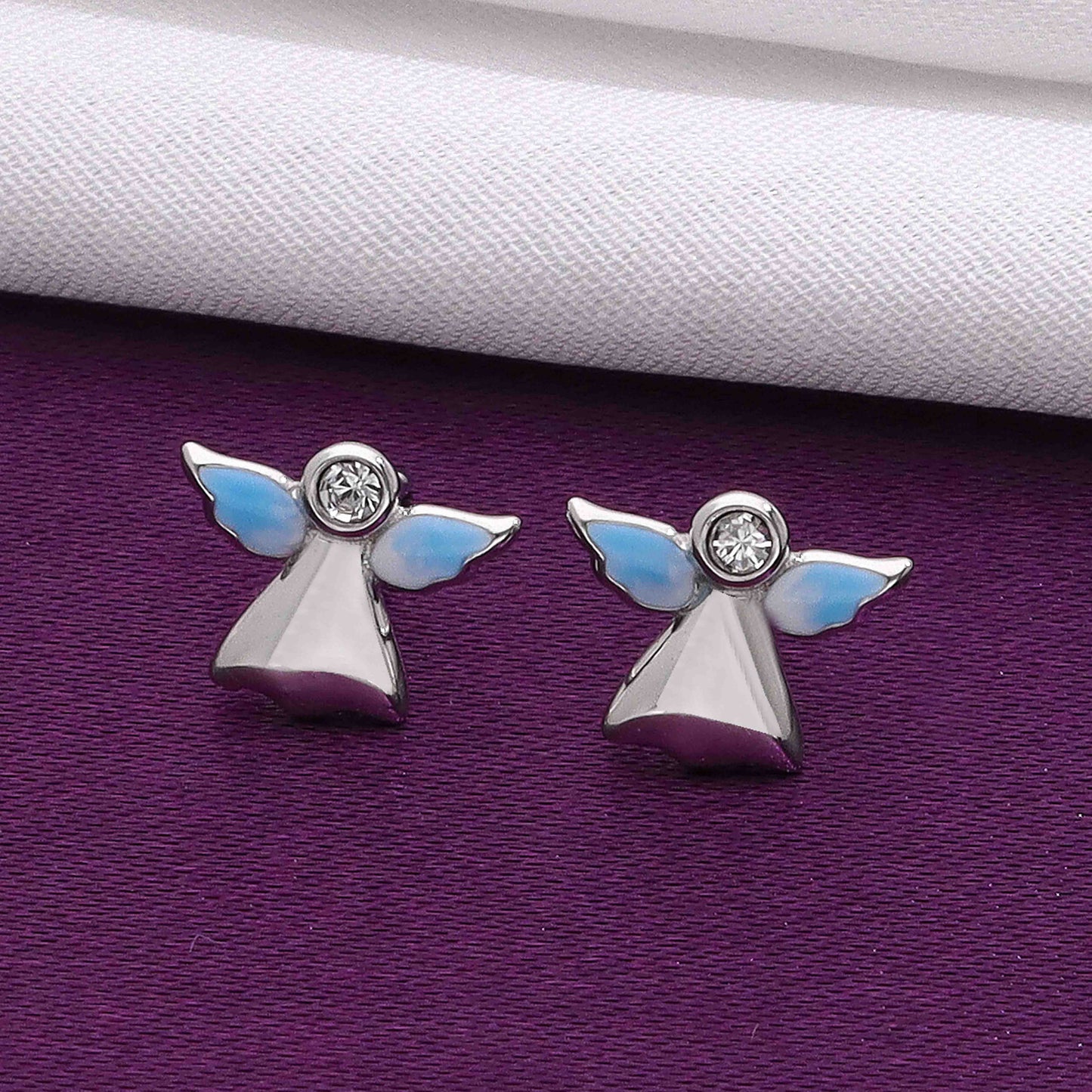 Sterling Silver Angel Stud Earrings with Blue Enamel Wings and Crystal