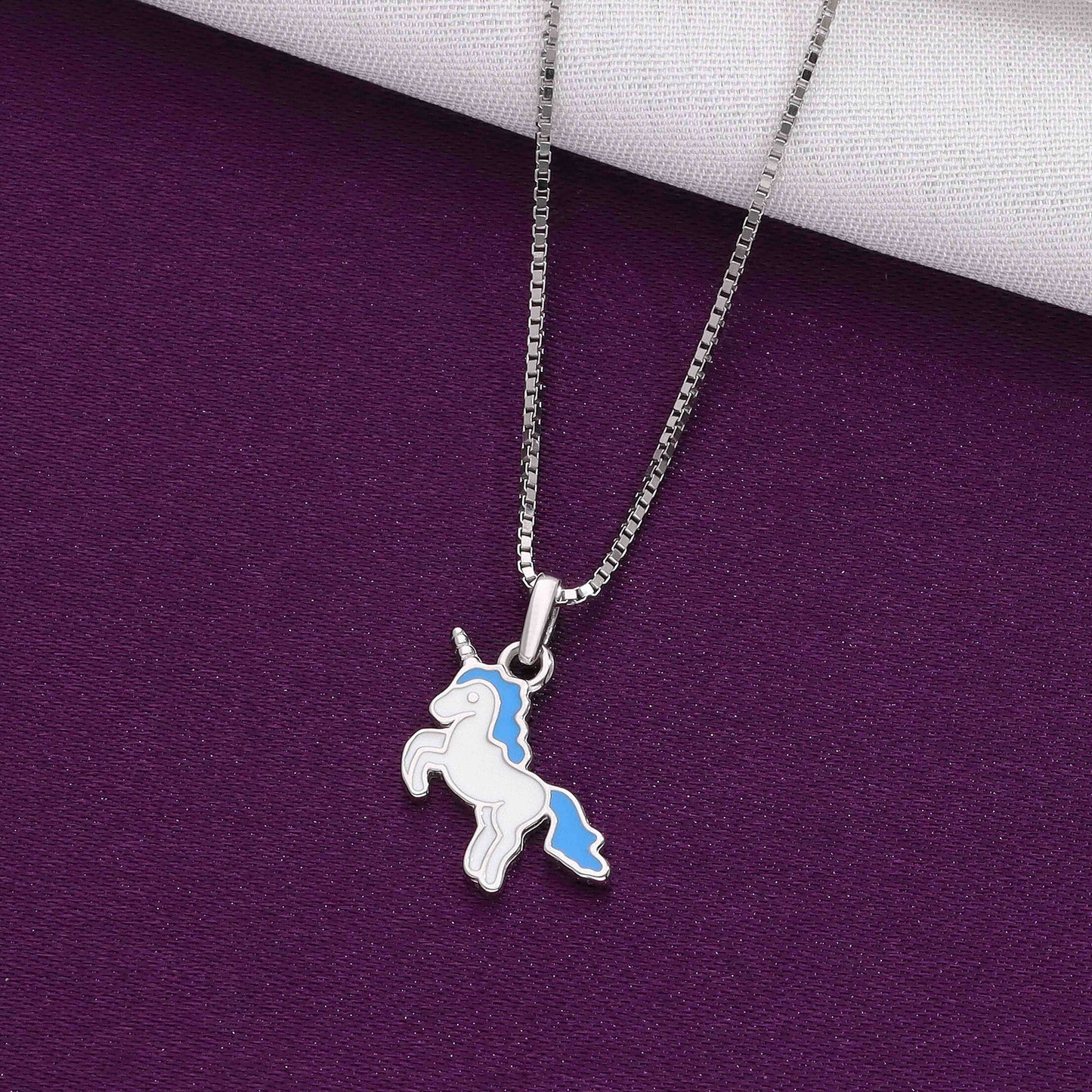Sterling silver unicorn necklace with blue enamel