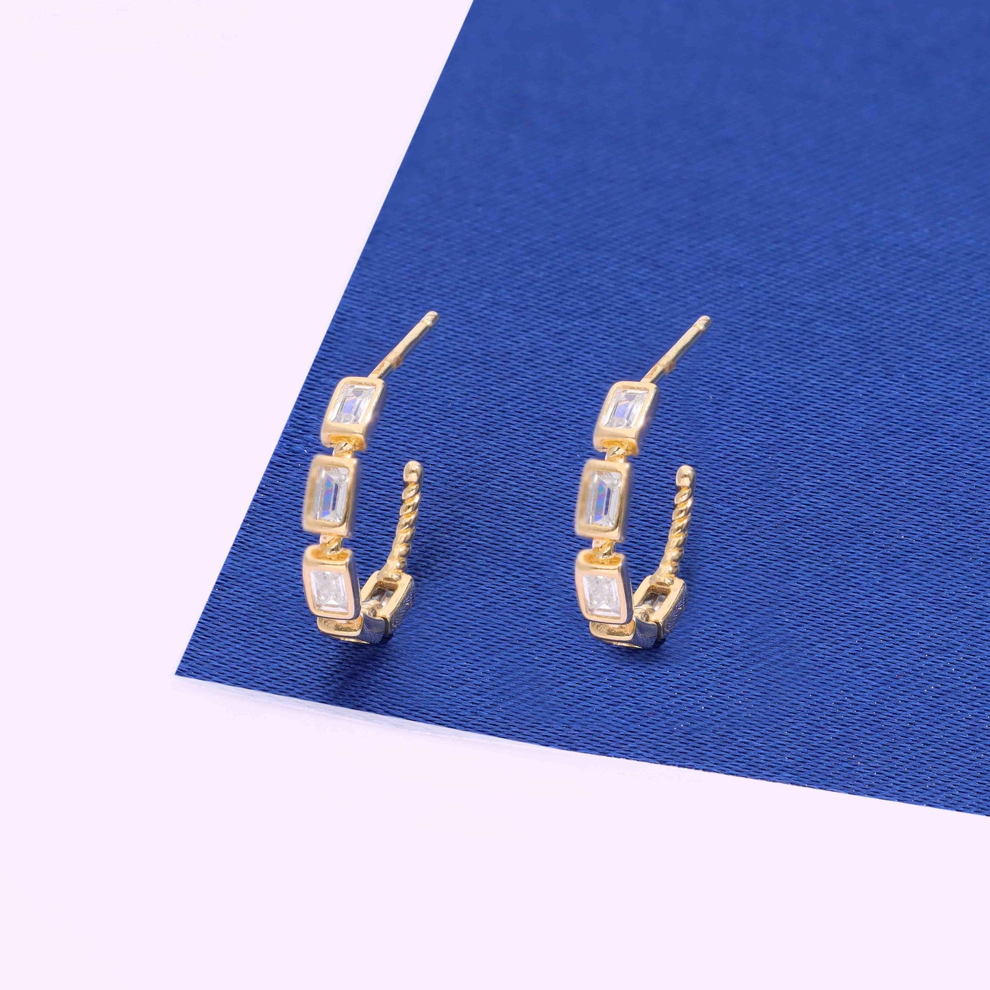 Gold Plated Sterling Silver Hoop Earrings with Baguette Cut Stones