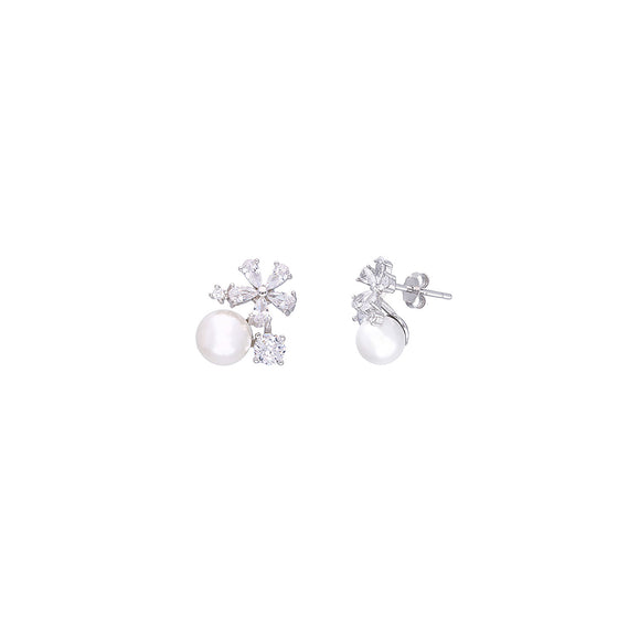 Sterling Silver Solitaire Floral Pearl Earring