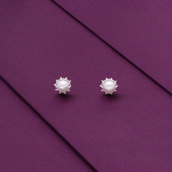 Sterling Silver White Casual Zircon Studded Pearl Earrings