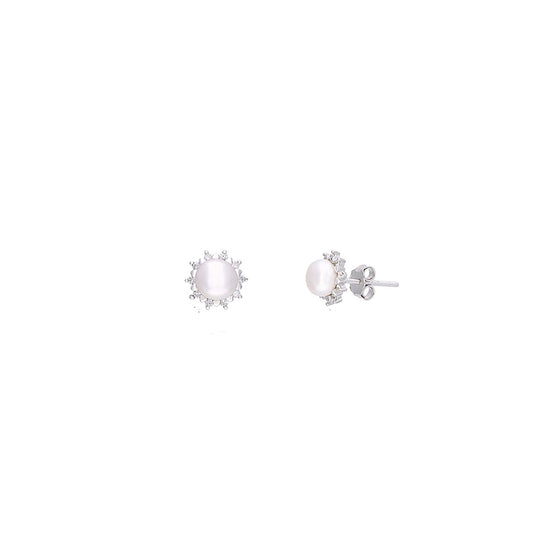 Sterling Silver White Casual Zircon Studded Pearl Earrings