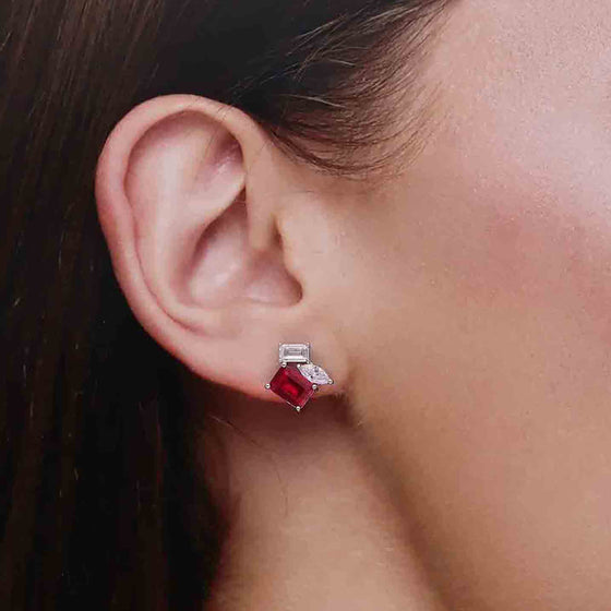 Sterling Silver Elegant Ruby & Diamond Stud Earrings