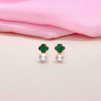 Sterling Green Clover Pearl Stud Earrings