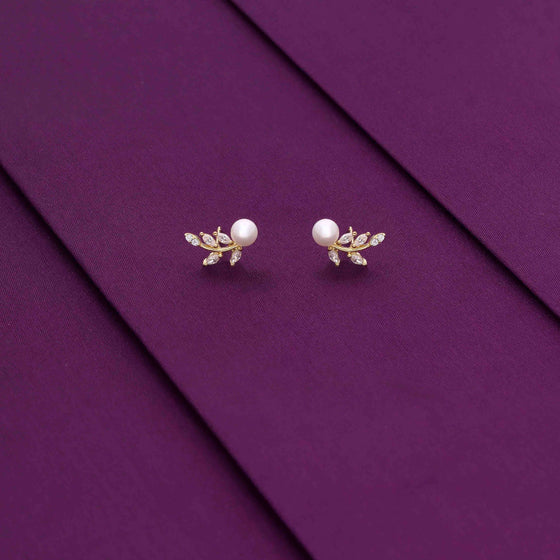 Sterling Silver White Pearl Leaf Stud Earrings