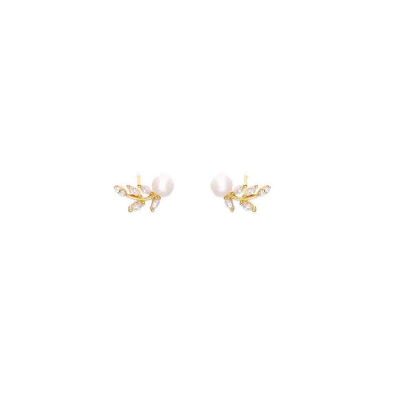 Sterling Silver White Pearl Leaf Stud Earrings