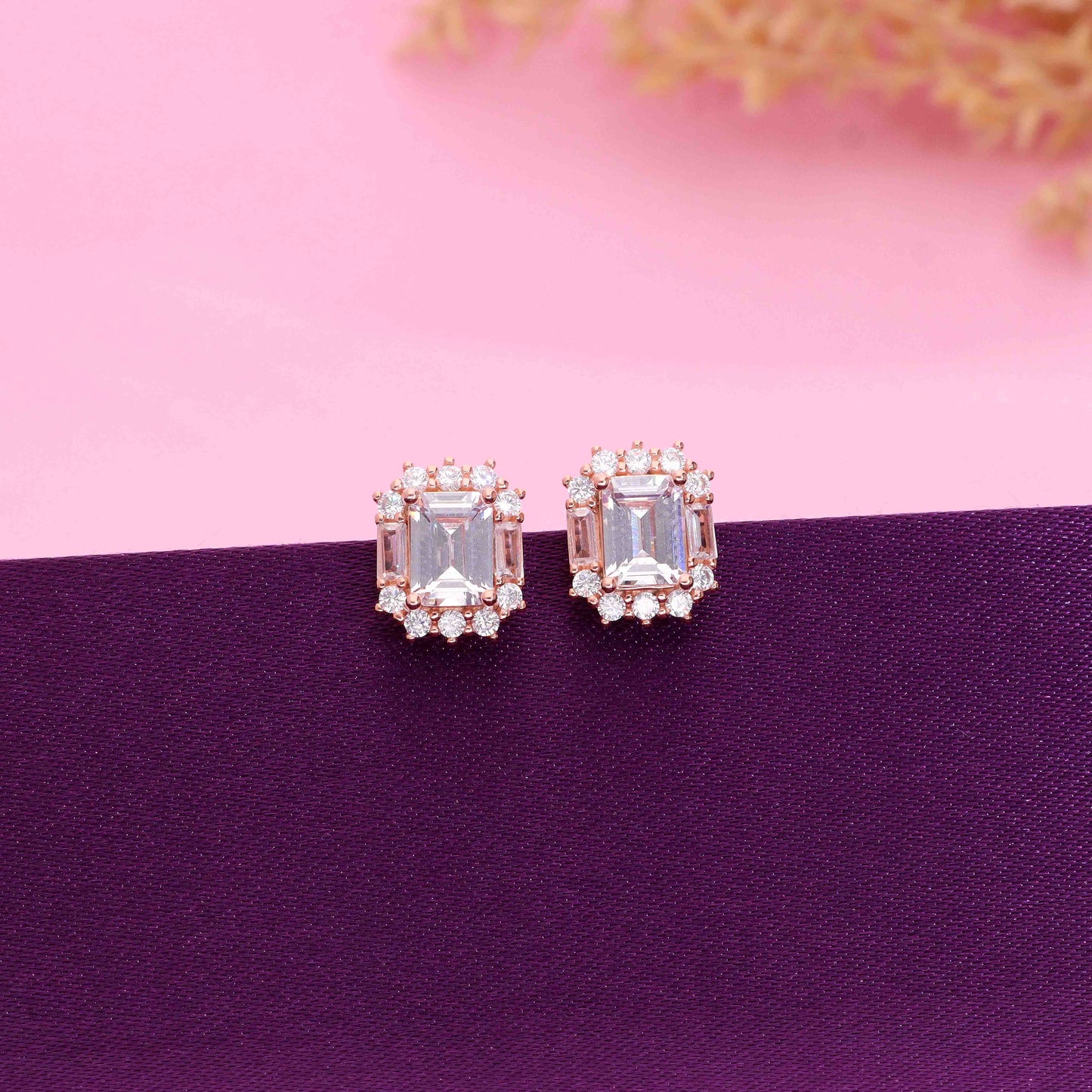 925 sterling silver emerald-cut cubic zirconia stud earrings with vintage halo design, glamorous women’s jewelry
