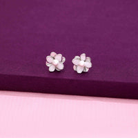 925 sterling silver pink enamel flower stud earrings with pearl center, cute floral earrings for women displayed