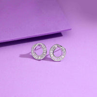 Minimalist circle stud earrings in 925 sterling silver with baguette