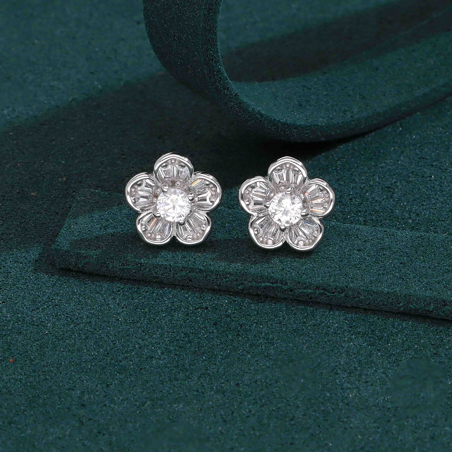 Floral Stud Earrings in Round and Baguette-Cut 