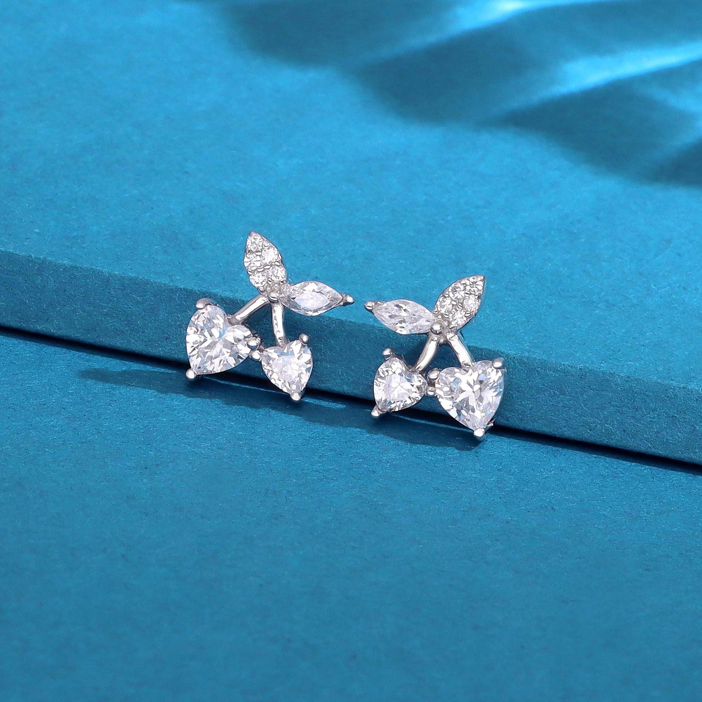 Sterling silver cherry stud earrings with clear cubic zirconia stones