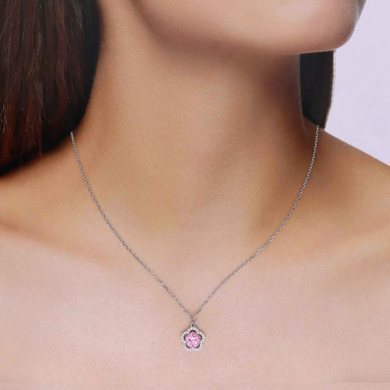 Sterling Silver Pink Zircon Floral Necklace