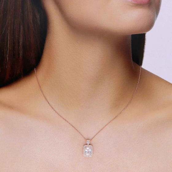 Sterling Silver Rose Gold Princess Cut Zircon Studded Necklace