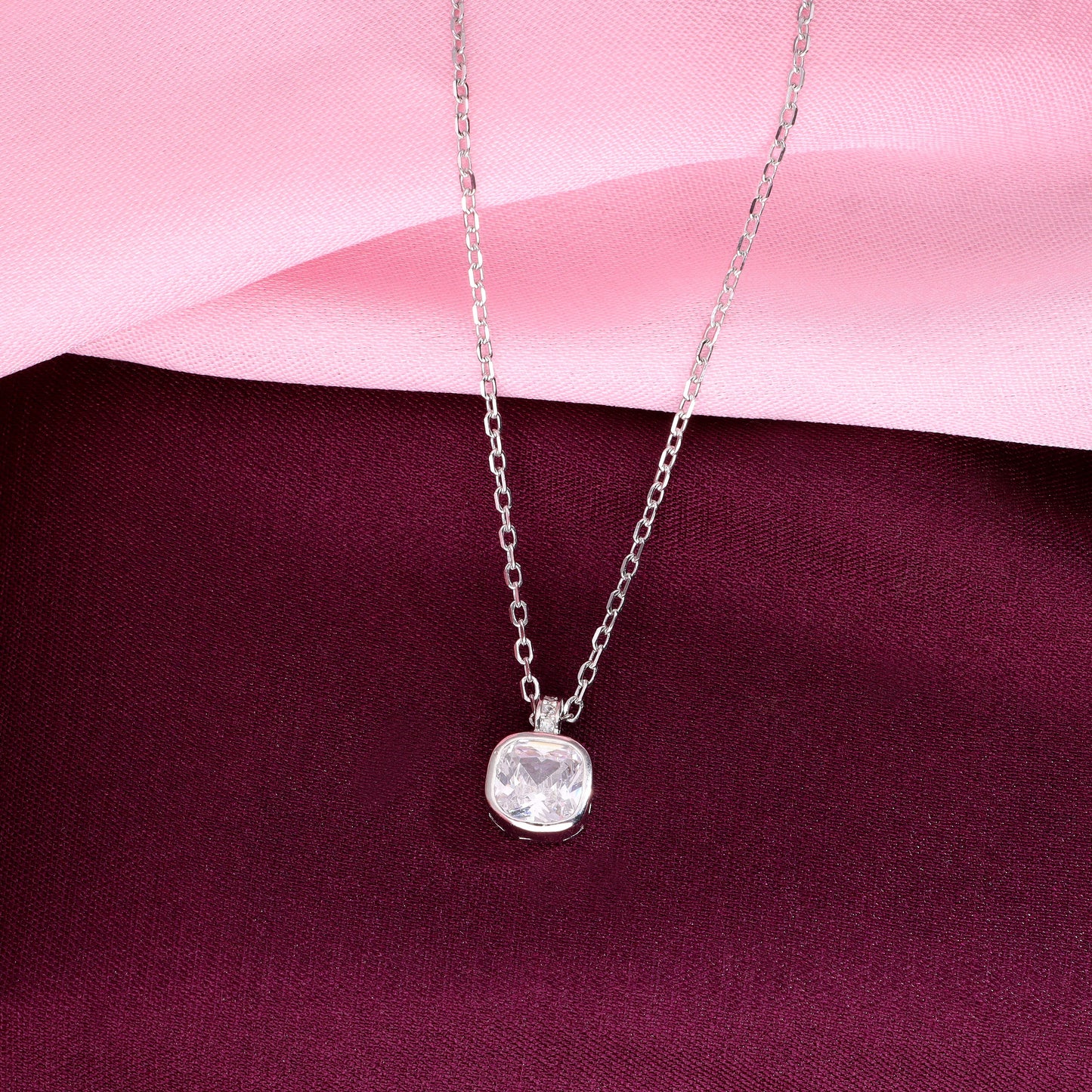 Sterling silver cushion cut solitaire necklace with cubic zirconia bezel pendant