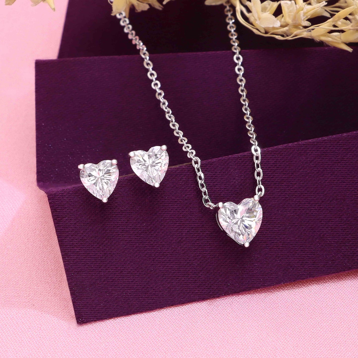 Silver heart crystal necklace with heart stud earrings