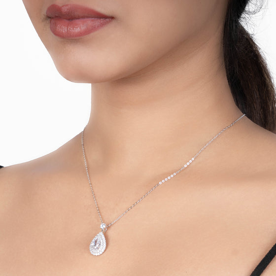 Pave Single Drop Zircon Stud Long Silver Chain Necklace