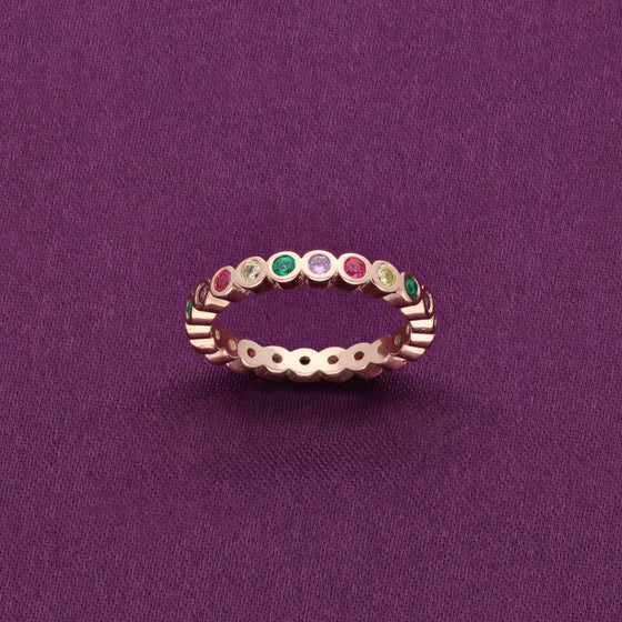 Elegant Multi-Colored Gemstone Eternity Silver Band Ring