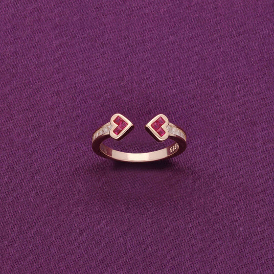 Twin Red Heart Silver Minimal Ring