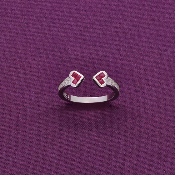 Twin Red Heart Silver Minimal Ring