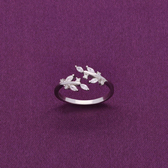 Minimalistic Leafy Zircon Studded Silver Ring