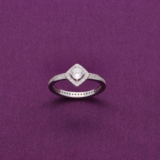 Elegant Diamond Halo Solitaire Silver Ring