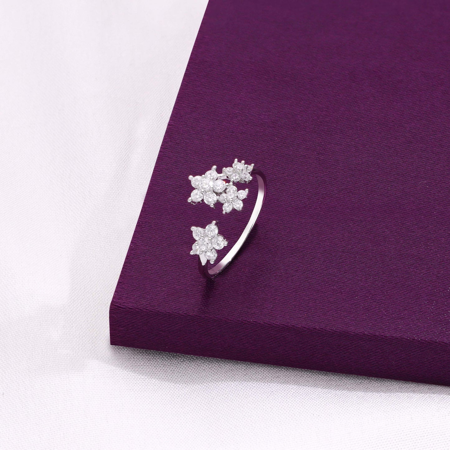 Sterling Silver Floral Cluster Adjustable Ring