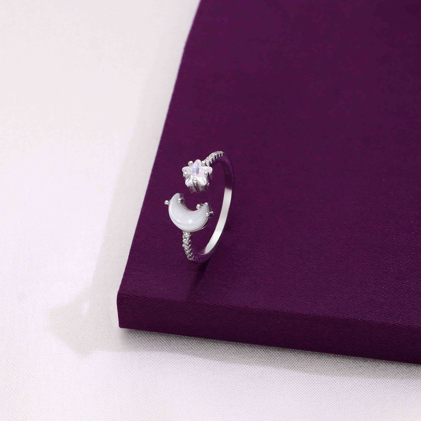 Sterling silver adjustable moon and star ring with cubic zirconia
