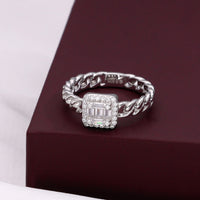 Sterling silver chain band ring with emerald-cut simulated diamond and halo setting