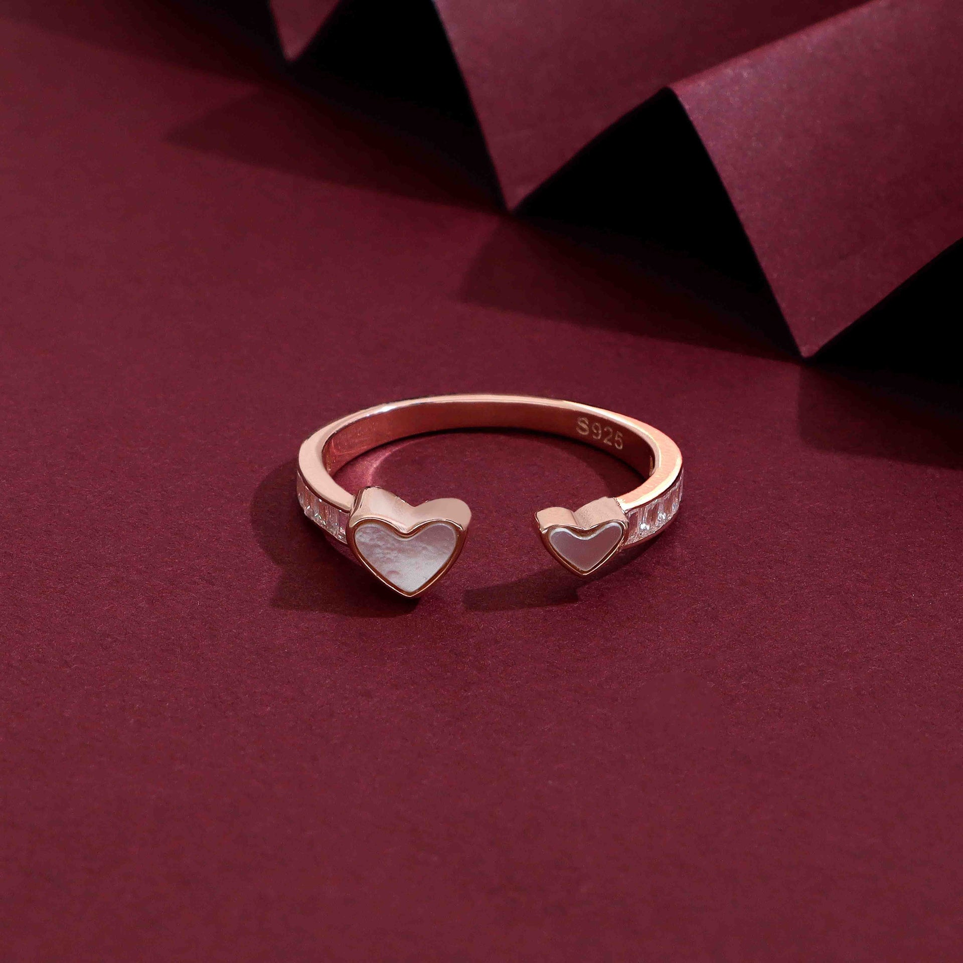 Sterling Silver Dual Heart Open Mother of Pearl Ring White Stone Rose Gold
