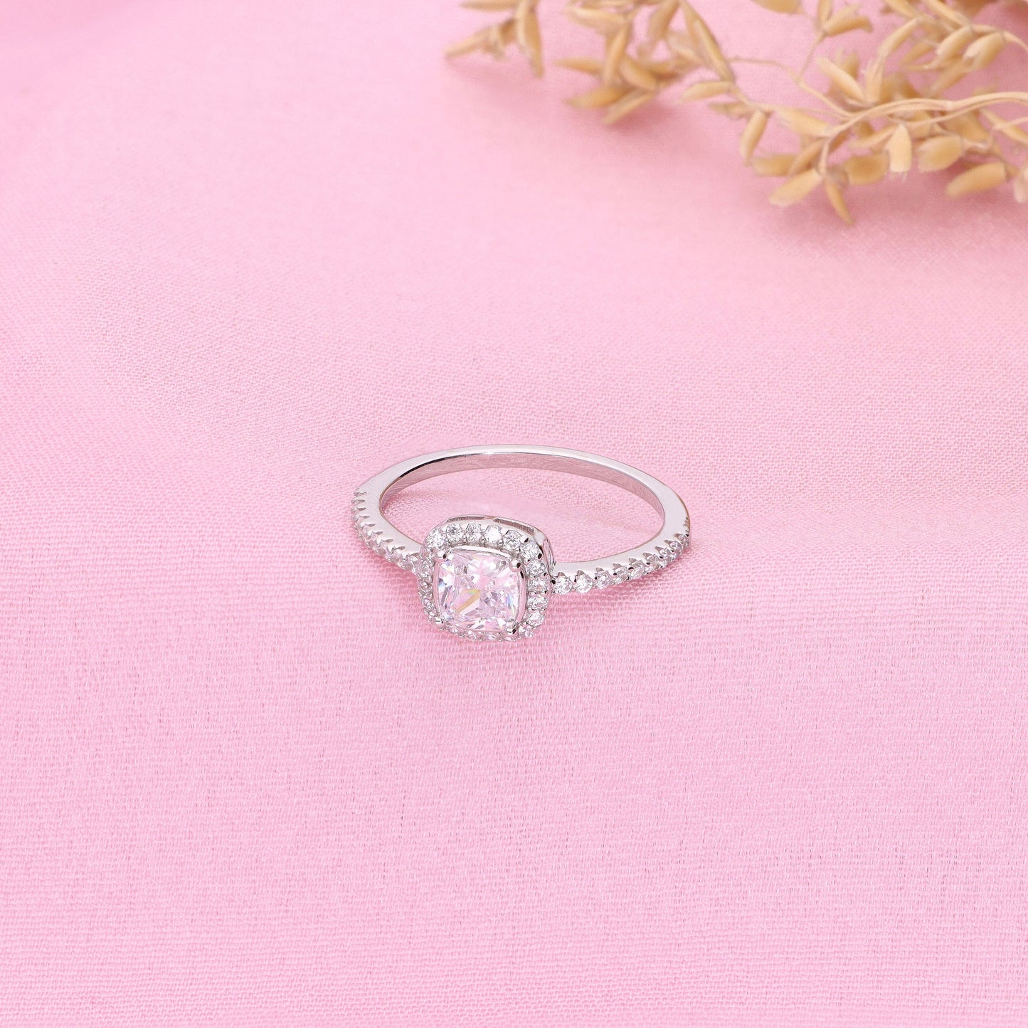 Cushion-cut halo cubic zirconia  ring with pave silver ring