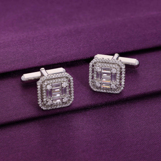 Men’s Stylish Crystal Square Cut Silver Cufflinks