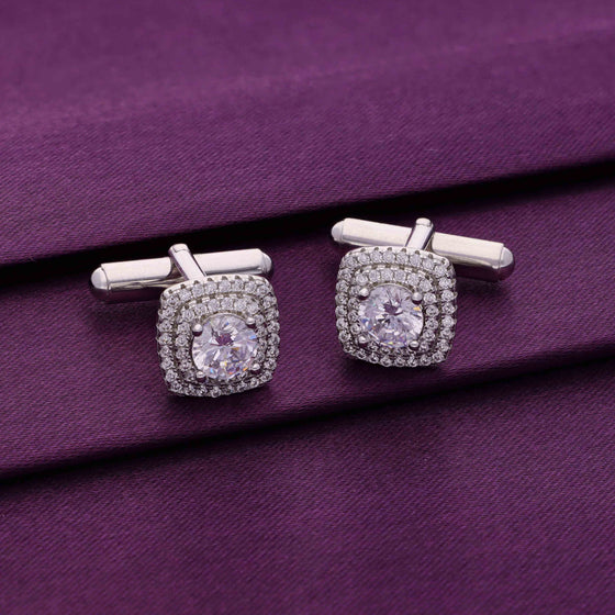 Men’s Square Cut Zircon Studded Silver Cufflinks