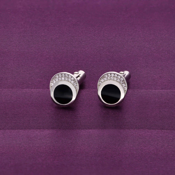 Men’s Circular Eye Zircon Black Silver Cufflinks