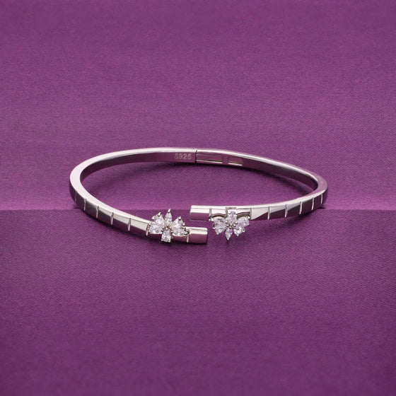 Stylish Floral Cut Zircon Silver Bangle Bracelet