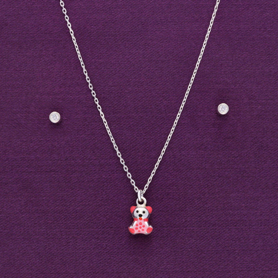 Pink Teddy Silver Pendant & Earring Set
