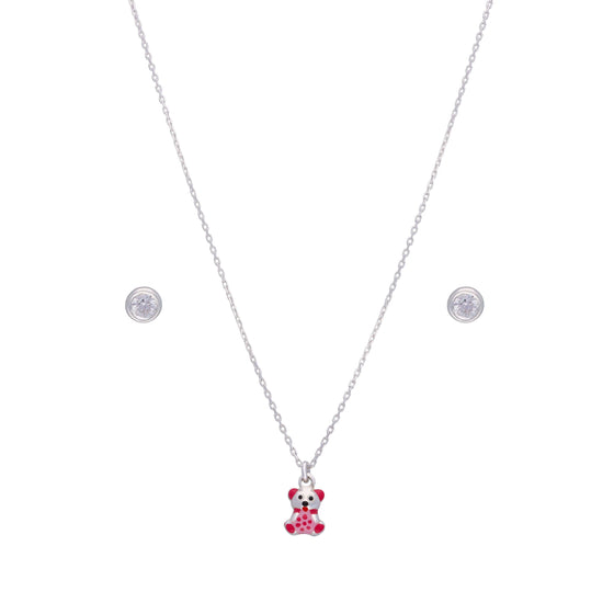 Pink Teddy Silver Pendant & Earring Set