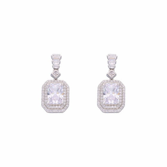 Shimmering Zircon Studded Baguette Silver Drop Earrings