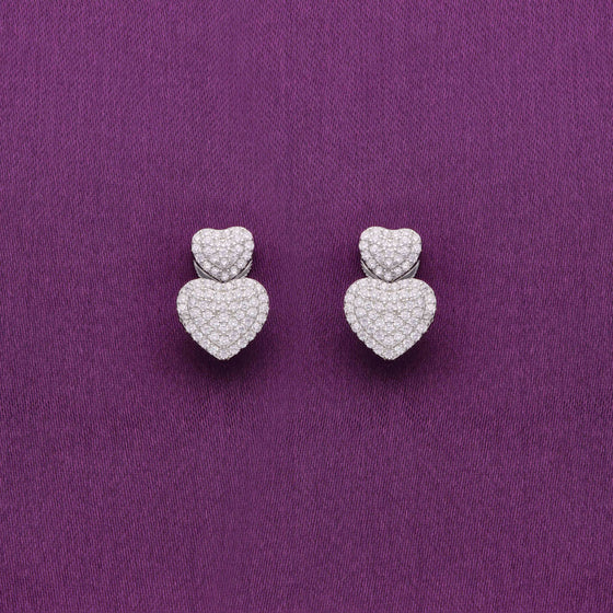 Pave Dual Hearts Zircon Silver Drop Earrings