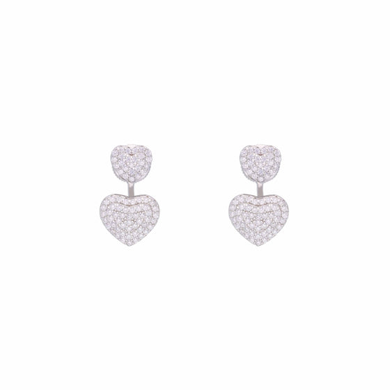 Pave Dual Hearts Zircon Silver Drop Earrings