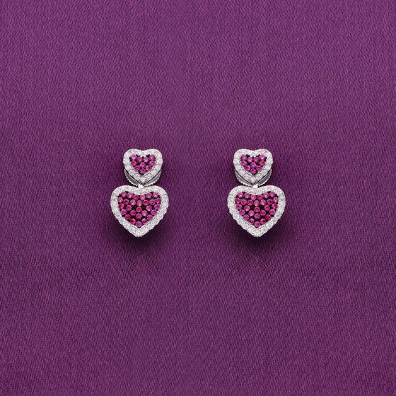 Pave Dual Hearts Zircon Silver Drop Earrings