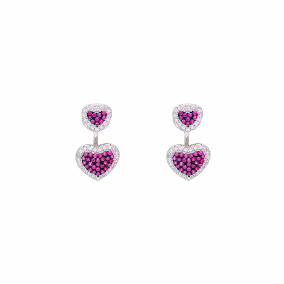 Pave Dual Hearts Zircon Silver Drop Earrings