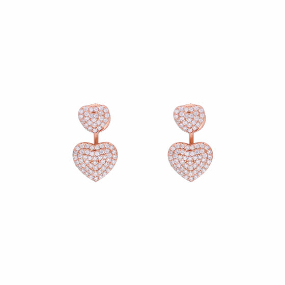 Pave Dual Hearts Zircon Silver Drop Earrings