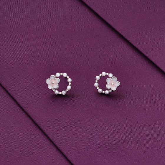 Charming Circular Floral Pearl Silver Stud Earrings